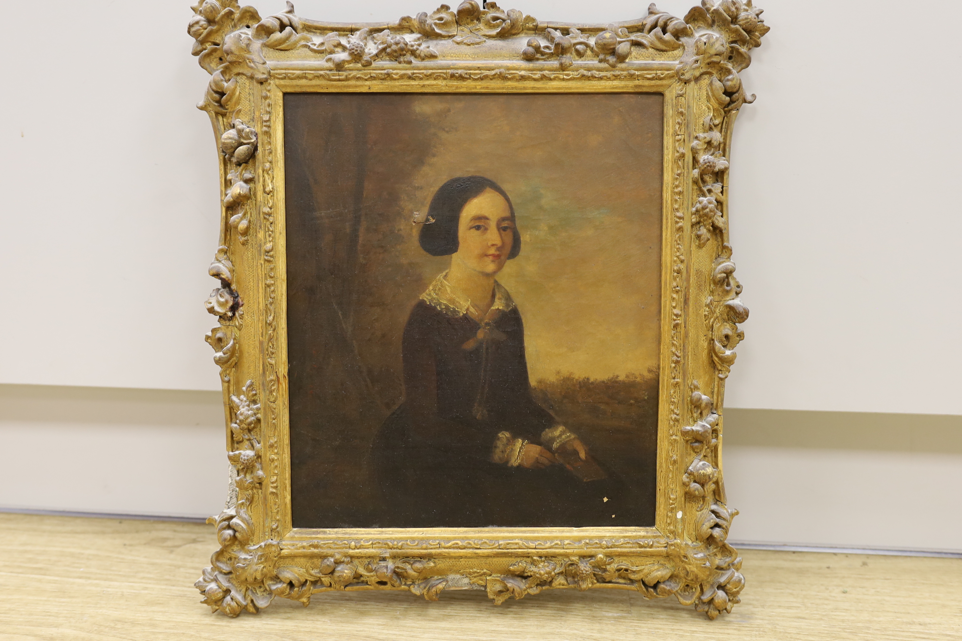 Victorian School, oil on canvas, Portrait of a seated girl and landscape background, 34 x 28cm, ornate gilt frame